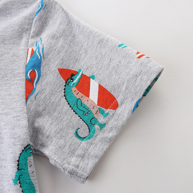 Boys Fashion Beach Style Cartoon Surfer Crocodile Print Cotton T-Shirt