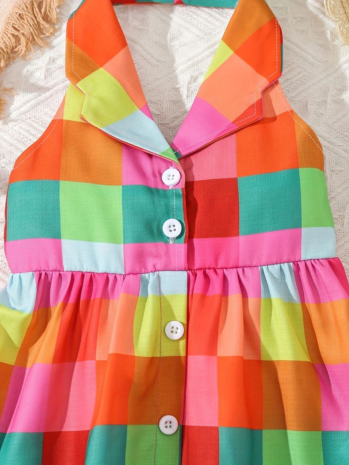 Baby Girls Halter Neck Backless Color Blocking Plaid Dress