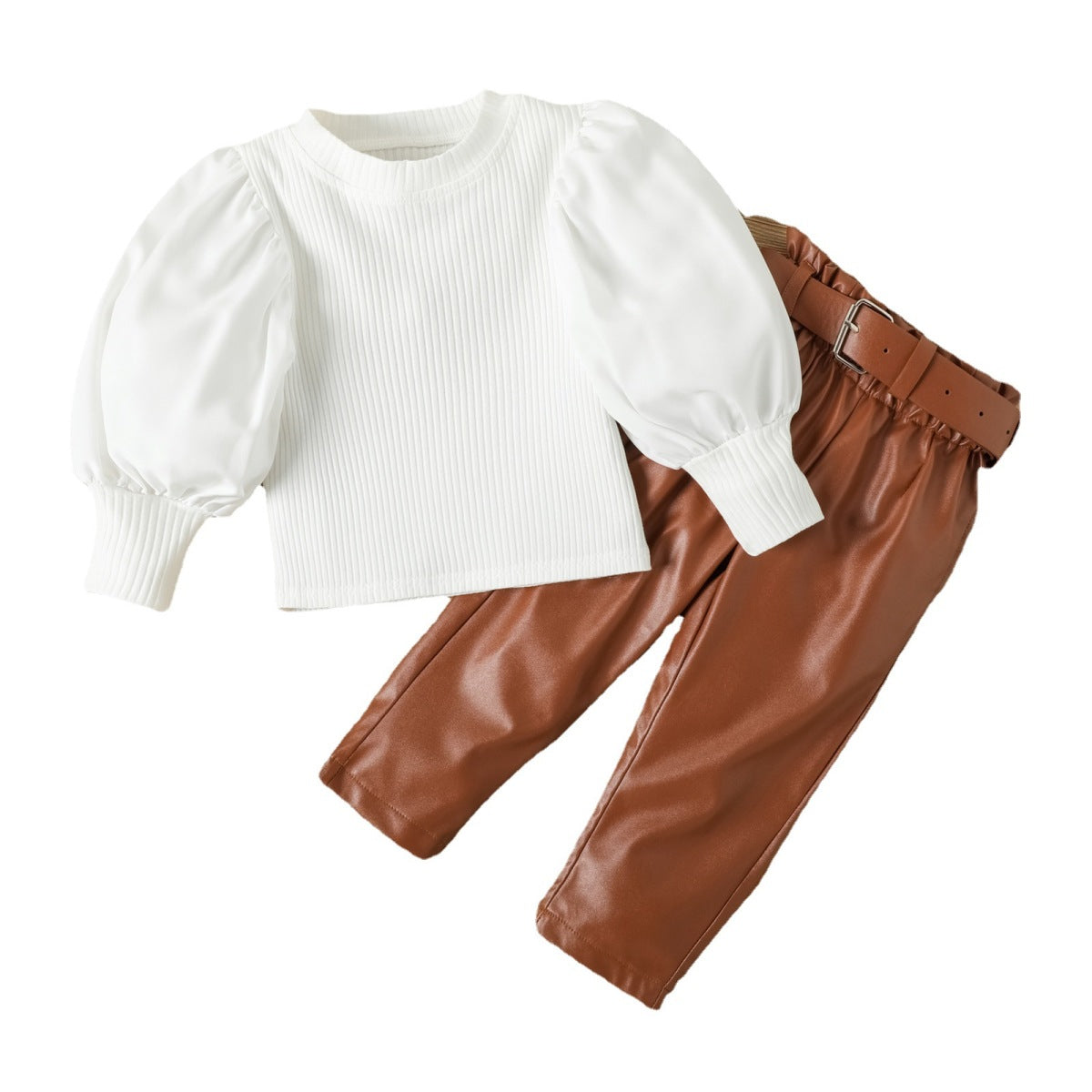 Autumn And Winter Girls' Fashion Puff Sleeve Top And Leather Pants Two-Piece Set