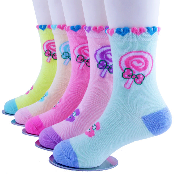 5pairs/Set Kids Girls Cute Cartoon Lollipop Comfortable Breathable Elastic Socks
