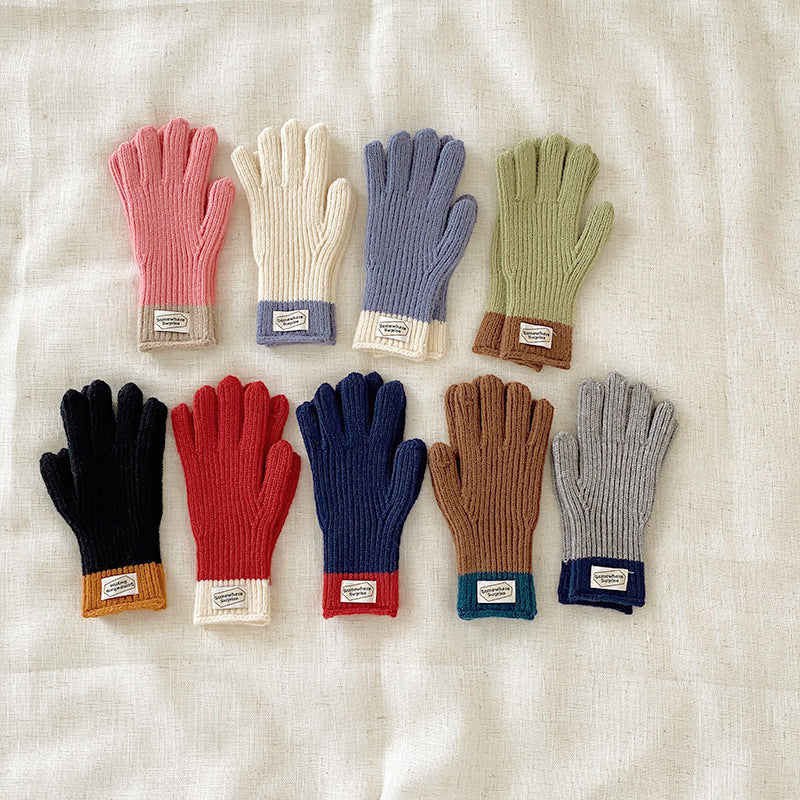 y2k Kids Unisex Autumn Winter Basic Thickening Color Knitwear Finger Gloves