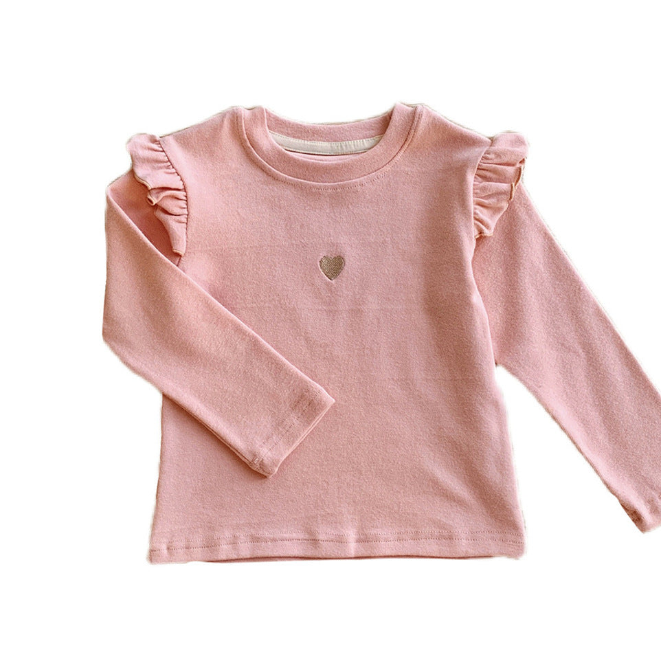 Kids Toddler Girls Heart Embroidery Long Sleeve Ruffled T-Shirt