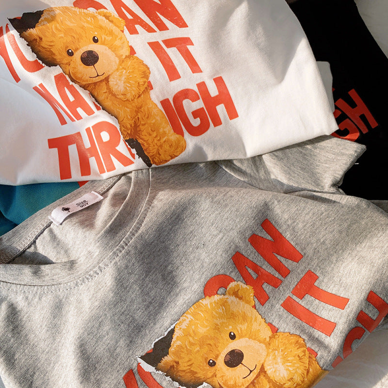 Kids Casual Round Neck Short Sleeve Cartoon Bear Letter Pattern Loose T-shirt