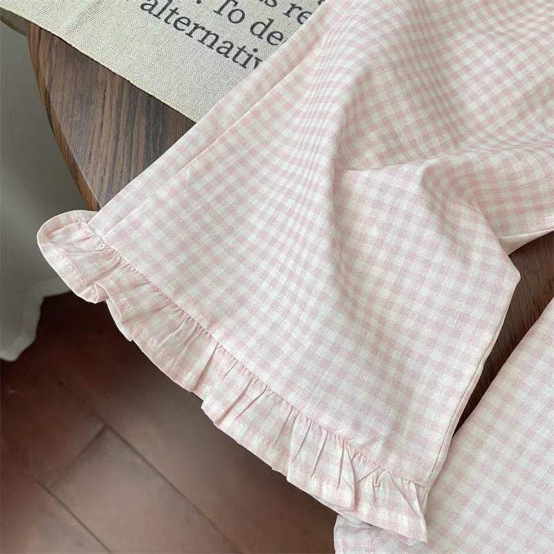 Toddler Girl Sweet Princess Style Bow Short-Sleeved T-Shirt Pink Plaid Flare Wide-Leg Pants Ruffled Two-Piece Set