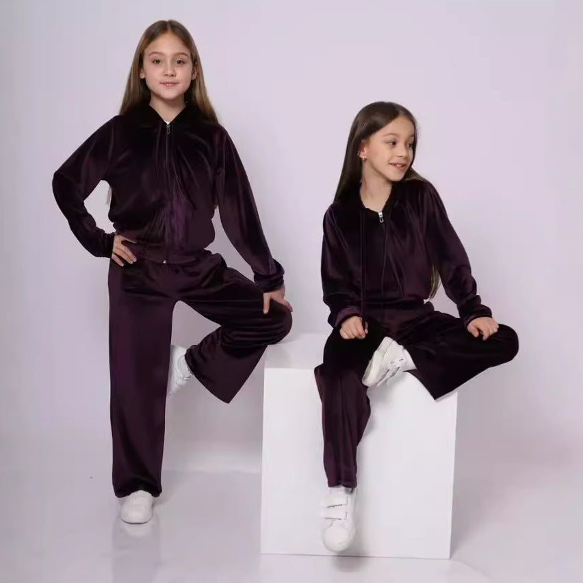 Autumn And Winter Toddler Girls Sports Velvet Zipper Hoodie Pants Casual Two-Piece Set