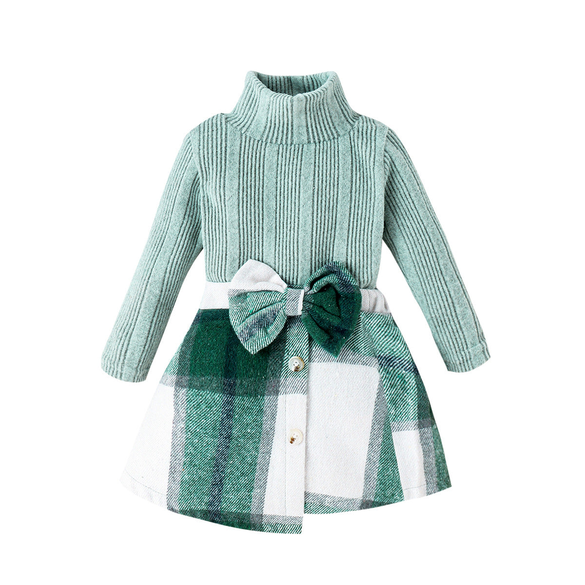 Autumn And Winter Girls Fashion Solid Color High Collar Long Sleeve Sweater Plaid Bow Skirt Two-Piece Set