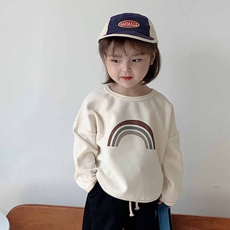 Kids Toddler Big Boys Girls Fashion Casual Cute Rainbow Waffle Long Sleeve Round Neck T-Shirt
