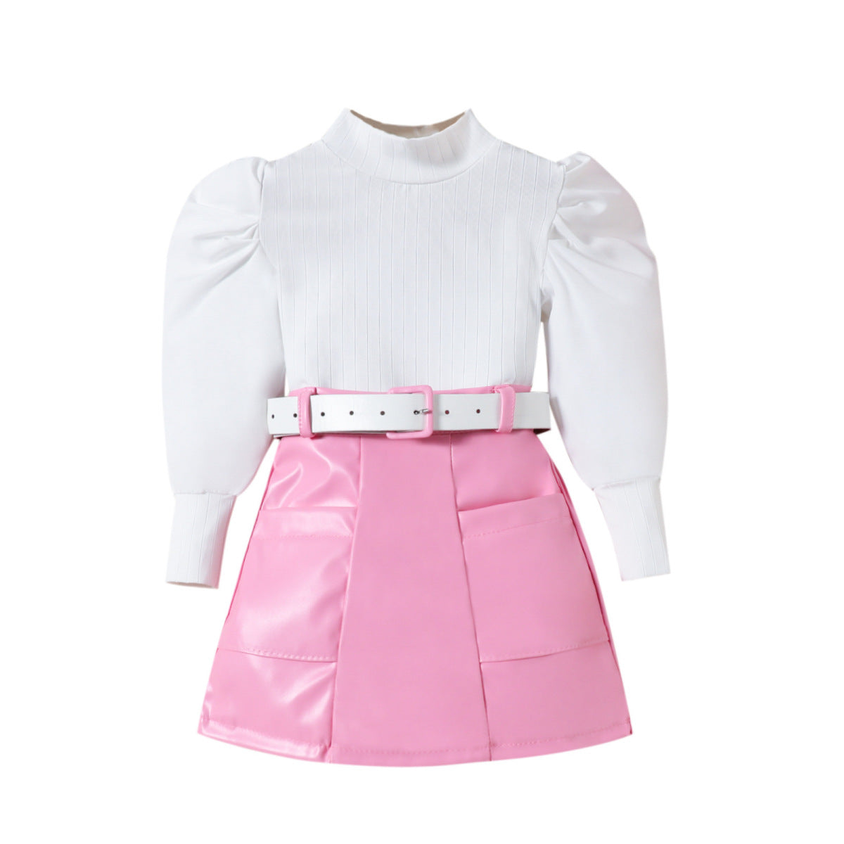 Autumn And Winter Girls Fashion Puff Sleeve Top Pu Leather Skirt Set