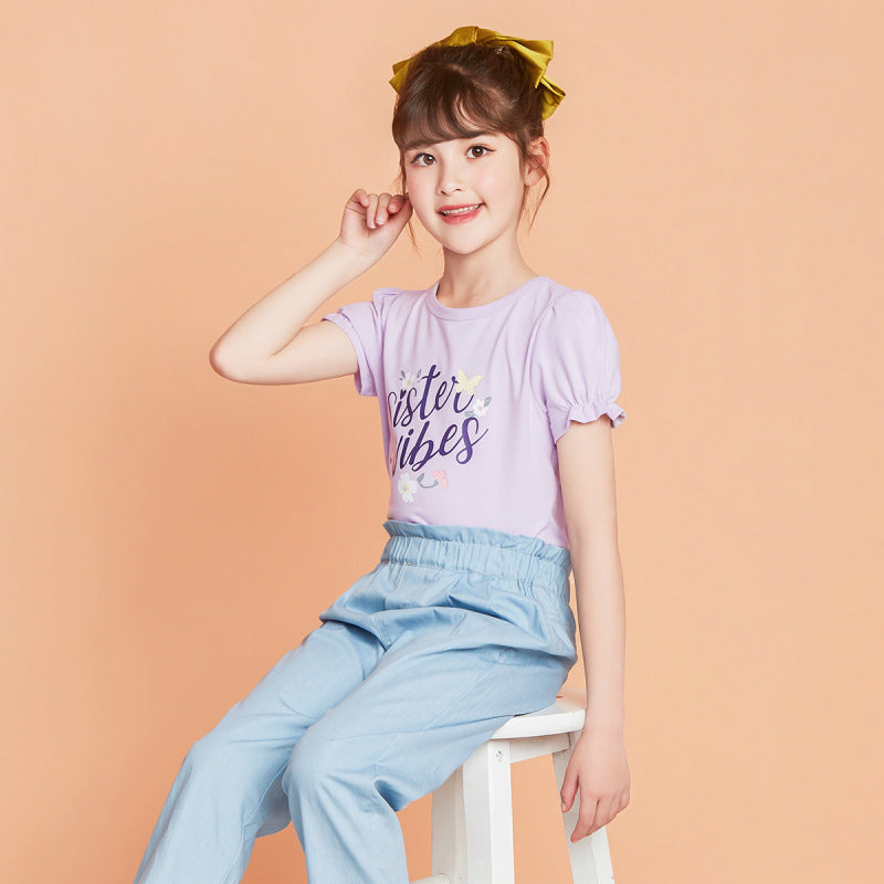 Children Kids Baby Fashion Girls Short Sleeve Flower Letter Print T-Shirt