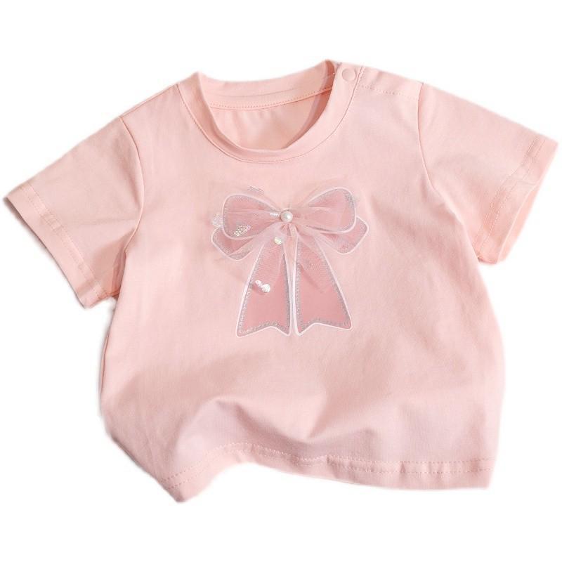 Girl'S Summer Short Sleeve Gauze Bow T-Shirt