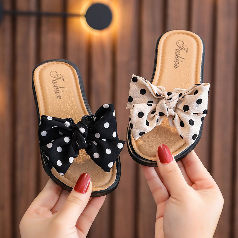 Girls Sweet Polka Dot Big Bow Non-slip Soft Bottom Slippers