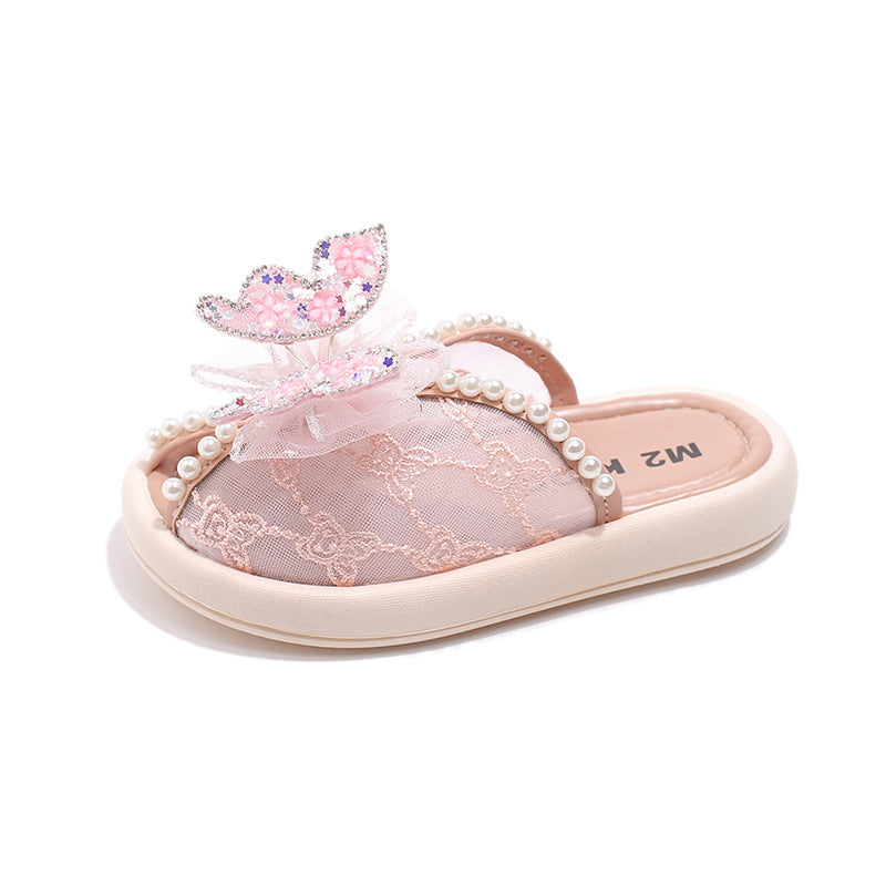 Kids Girls Casual Cute Rhinestone Pearl Bow Flat Thick-Soled Slippers
