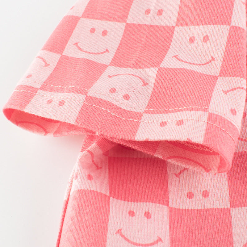 Children Kids Toddlers Fashion Girls Short Sleeve Smiley Plaid Print T-Shirt