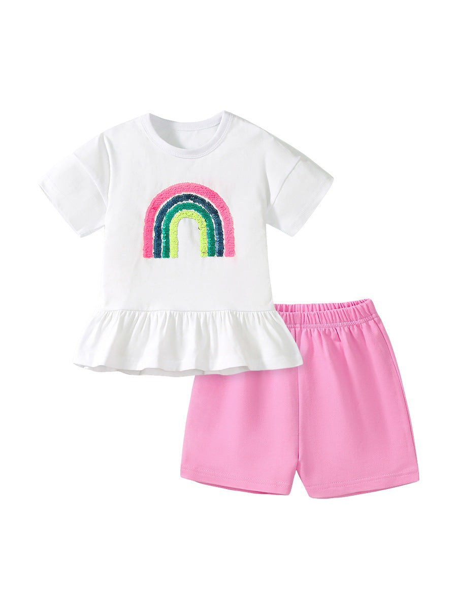 Kids Toddler Girls Casual Rainbow Short Sleeve T-Shirt Shorts Sets
