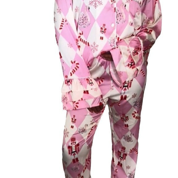 Women Girl Family Matching Printed Satin Casual Sleepwear Pajamas Set