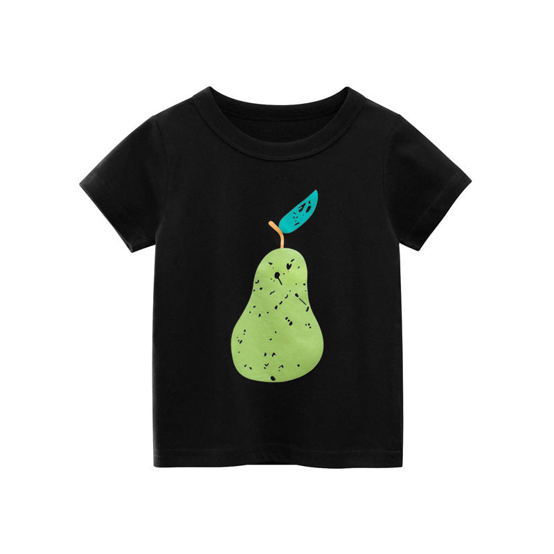 Kids Casual Round Neck Short Sleeve Cartoon Fruit Strawberry Pineapple Print Loose T-shirt