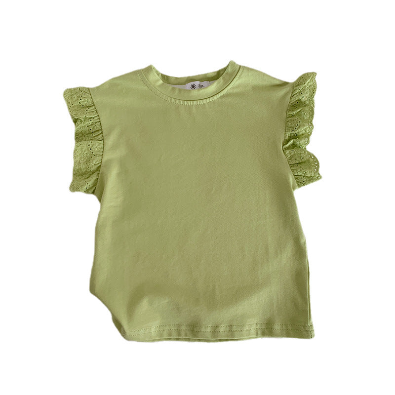 Kids Toddler Girls Casual Cute Solid Color Lace Cap Sleeve Round Neck T-Shirt