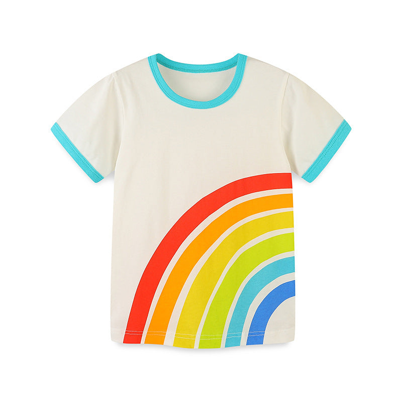 Kids Toddler Boys Girls Casual Cute Rainbow Stripe Short Sleeve Round Neck T-Shirt
