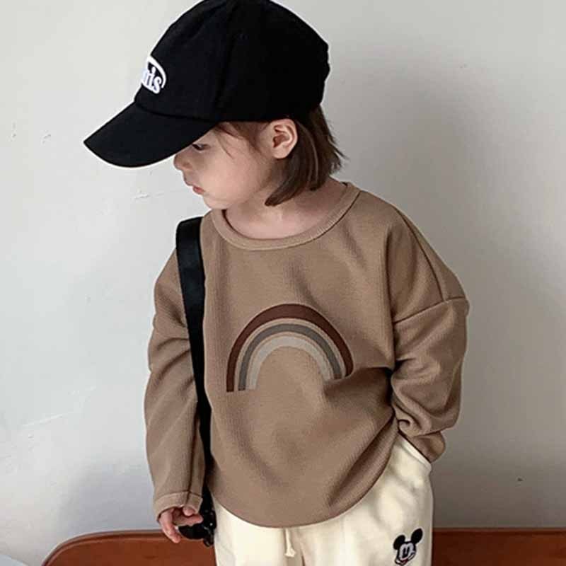 Kids Toddler Big Boys Girls Fashion Casual Cute Rainbow Waffle Long Sleeve Round Neck T-Shirt