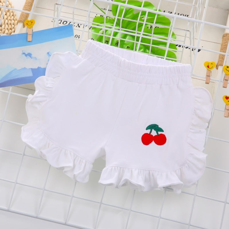 Kids Toddler Girls Fashion Cherry Embroidered Wood Ear Shorts