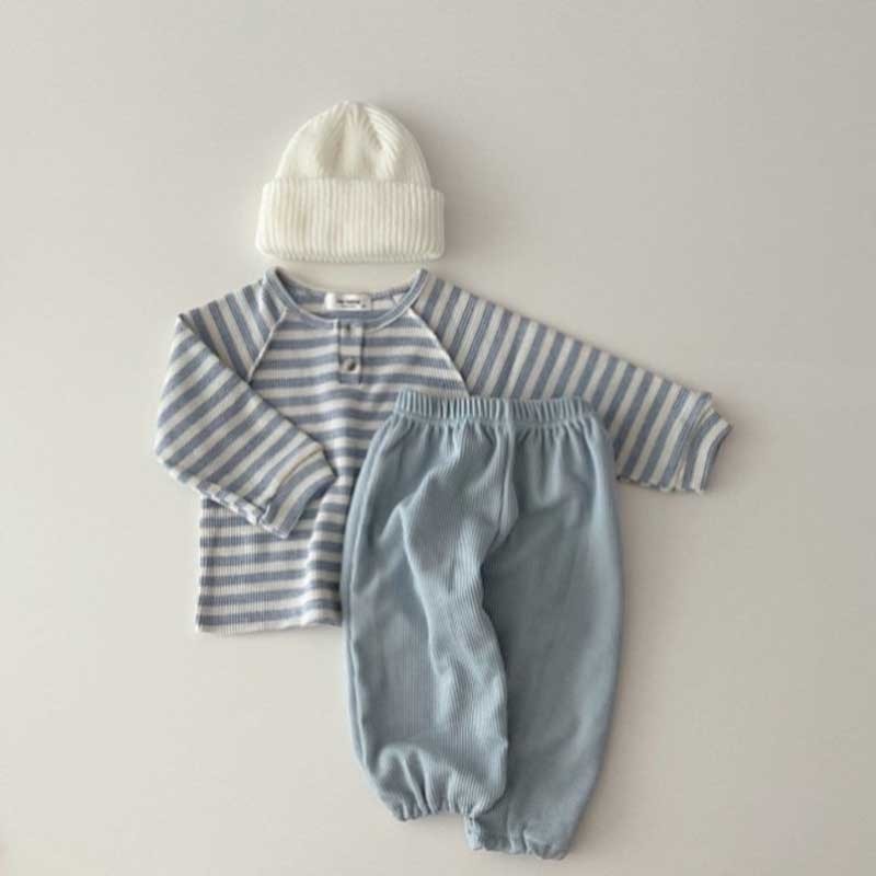 Kids Baby Boys Girls Casual Cute Stripe Polka Dot Waffle Long Sleeve Round Neck T-Shirt