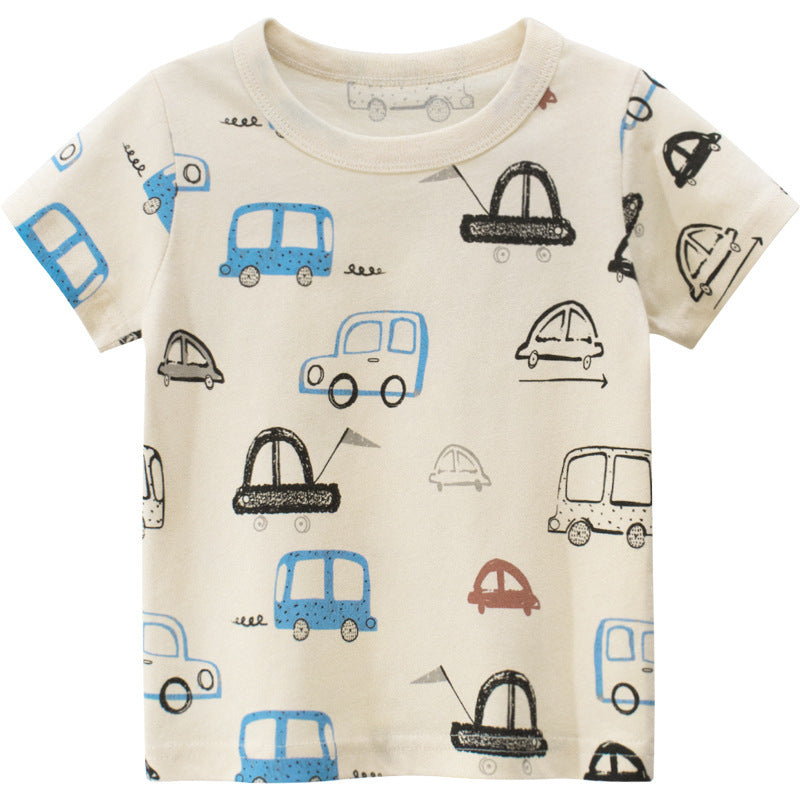 Boys Basic Cartoon Car Round Neck Short-sleeved T-shirt