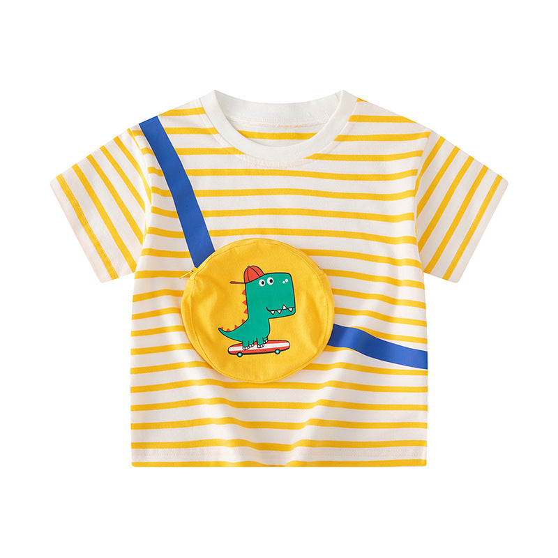 Kids Toddler Boys Casual Cute Dinosaur Stripe Print Short Sleeve Round Neck T-Shirt