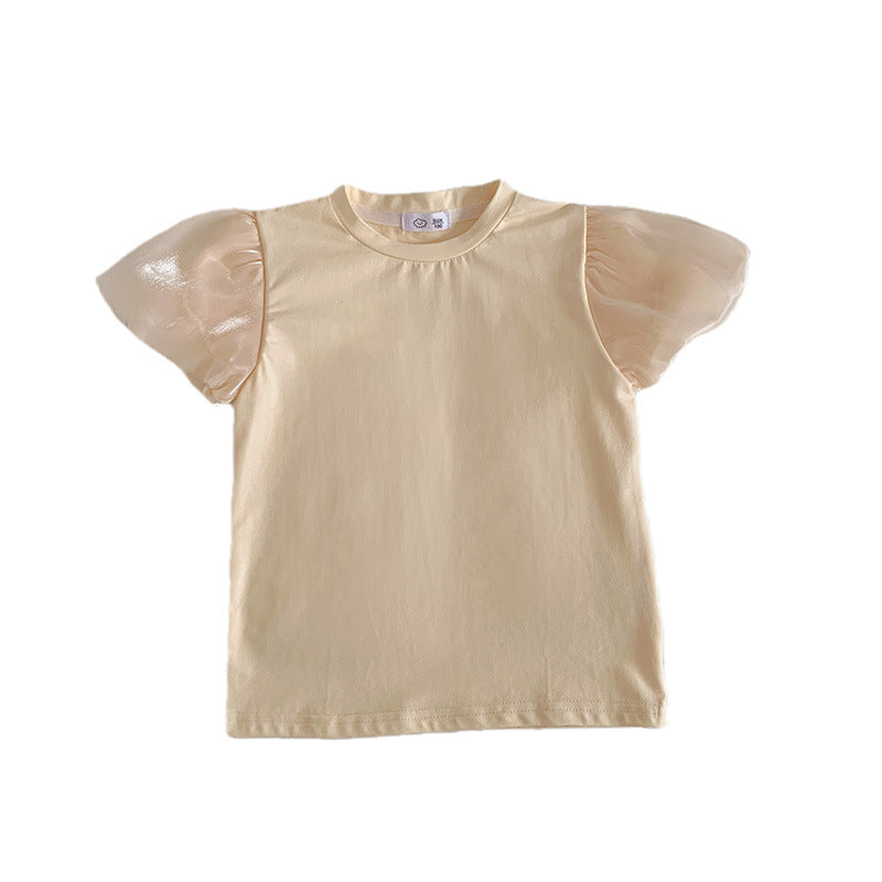 Kids Toddler Girls Casual Cute Solid Color Puff Sleeve Round Neck T-Shirt