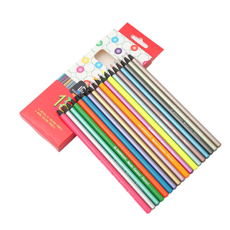 6 Fluorescent Colors + 12 Metallic Colors Hand Painted Pencil