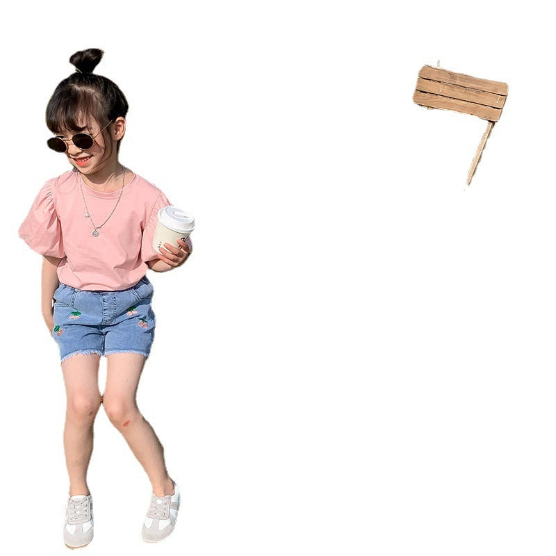 Kids Girls Simple Solid Color Round Neck Puff Sleeve Loose T-shirt
