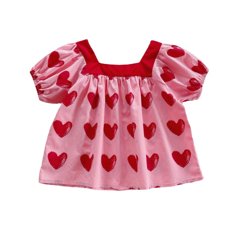 Children Kids Toddlers Fashion Girls Short Sleeve Heart Print Lapel Square Neck Top