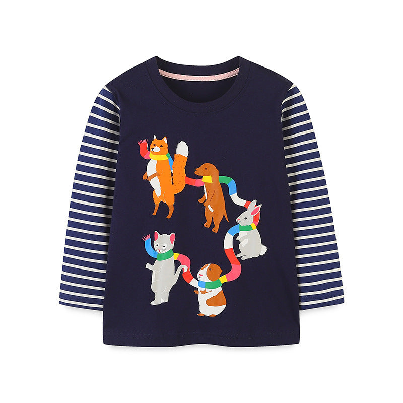 Kids Toddler Boys Girls Casual Cute Stripe Cartoon Print Long Sleeve Round Neck T-Shirt