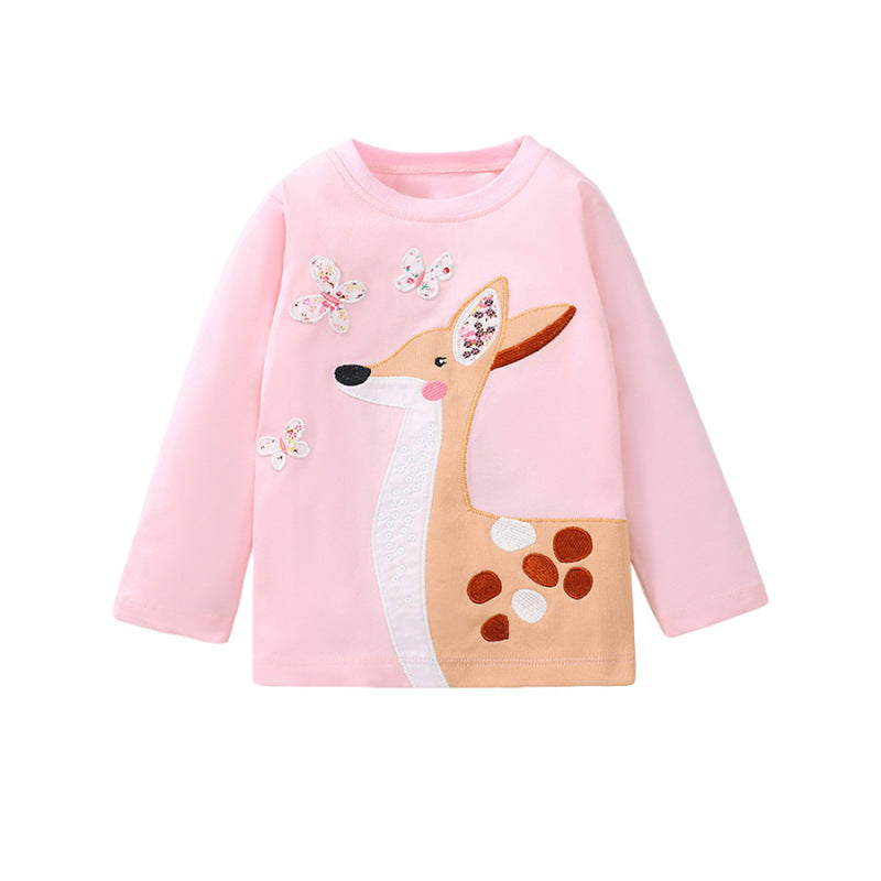 Kids Toddler Big Girls Fashion Casual Cute Butterfly Fawn Embroidery Round Neck Long Sleeve T-Shirt
