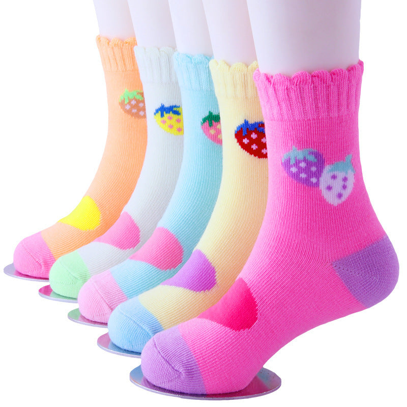 5pairs/set Kids Girls Retro Cartoon Strawberry Comfortable Breathable Elastic Socks