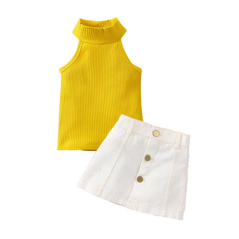 Toddlers Newborn Baby Girls Sleeveless Solid Color Top And Skirt 2pcs Set