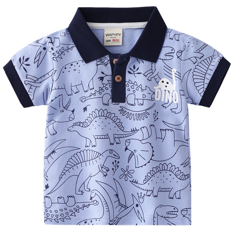 Kids Boys Cute Cartoon Dinosaur Pattern Lapel Short Sleeve T-shirt