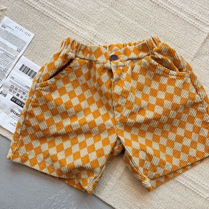 Kids Casual Plaid All Over Print Elastic Loose Corduroy Shorts