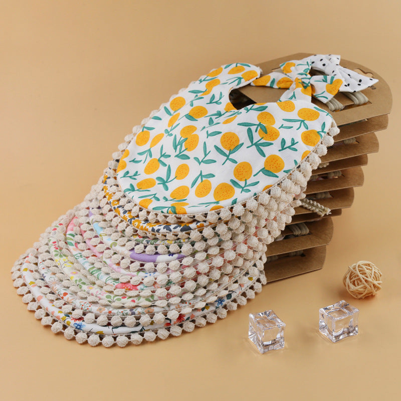 Baby Basic Floral Tassels Bib And Headband Accessories Set