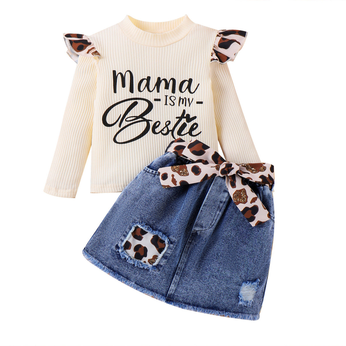 Autumn And Winter Girls Fashion Leopard Ruffled Top And Denim Skirt Two-Piece Set