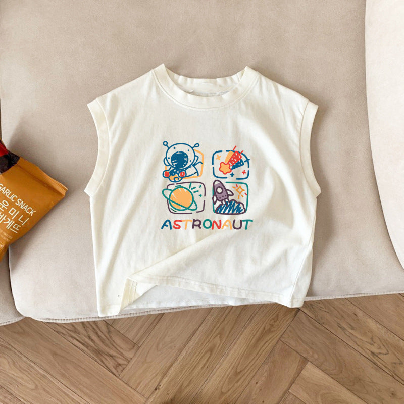 Kids Toddler Girls Boys Summer Basic Cotton Space Cartoon Sleeveless Round Neck T-Shirt