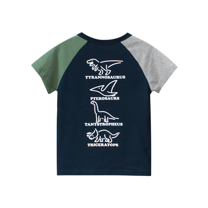 Kids Toddler Boys Summer Basic Cotton Color Matching Cartoon Dinosaur Pattern Round Neck T-Shirt