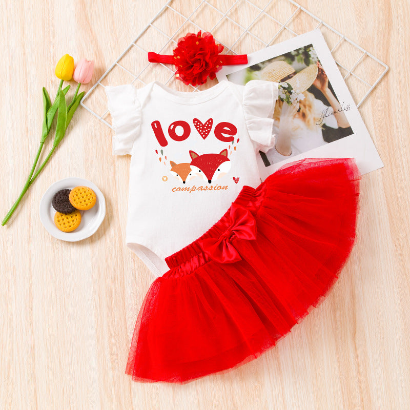 Toddlers Newborn Baby Valentine'S Day Girls Ruffle Sleeved Print Bodysuit And Mesh Skirt Headband 3pcs