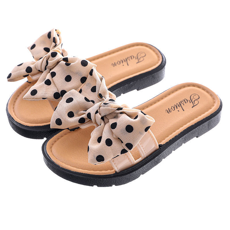 Girls Sweet Polka Dot Big Bow Non-slip Soft Bottom Slippers