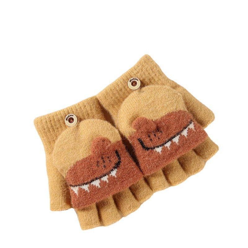 Winter Children Cartoon Half Finger Flap Dinosaur Warm Thickened Half Finger Gloves