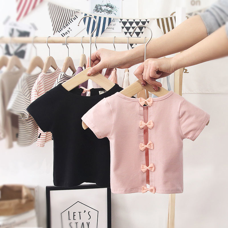 Kids Girls Cute Bow Design Round Neck Short Sleeve T-shirt