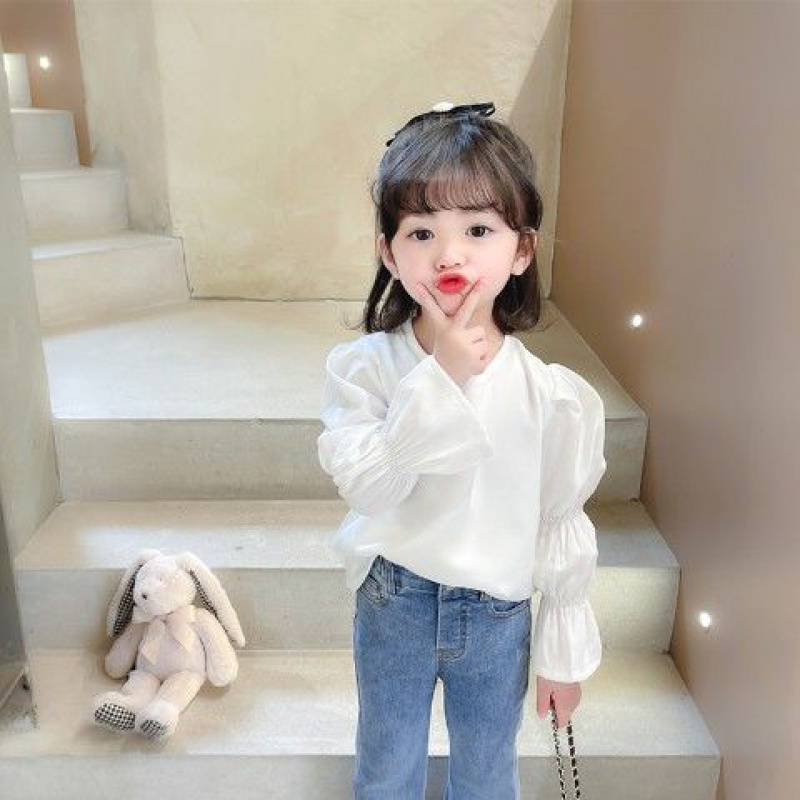 Kids Toddler Girls Fashion Crew Neck Shirt Long Sleeve Puff Sleeve Top