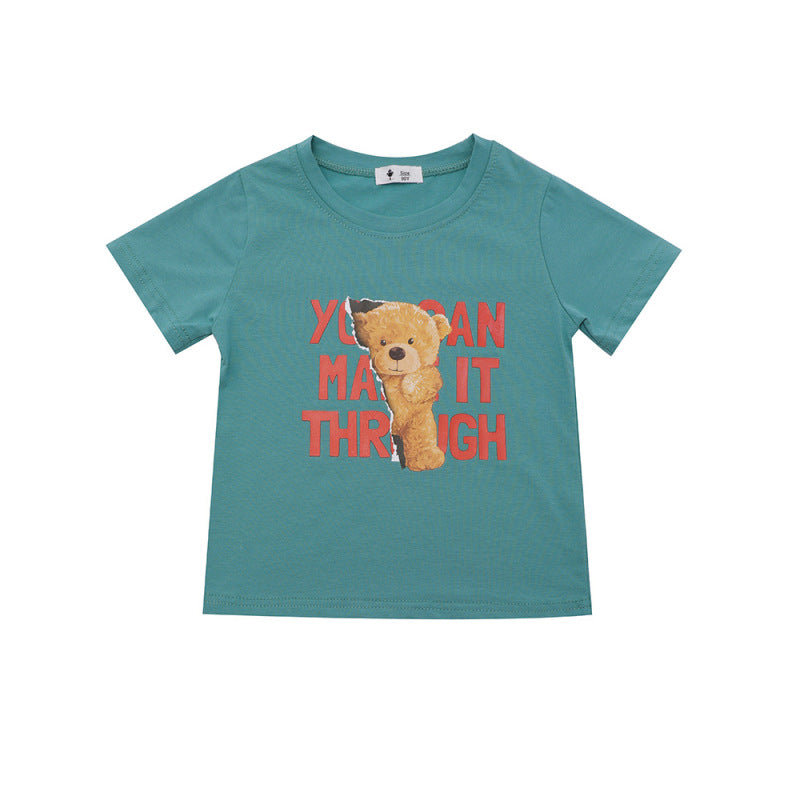 Kids Casual Round Neck Short Sleeve Cartoon Bear Letter Pattern Loose T-shirt