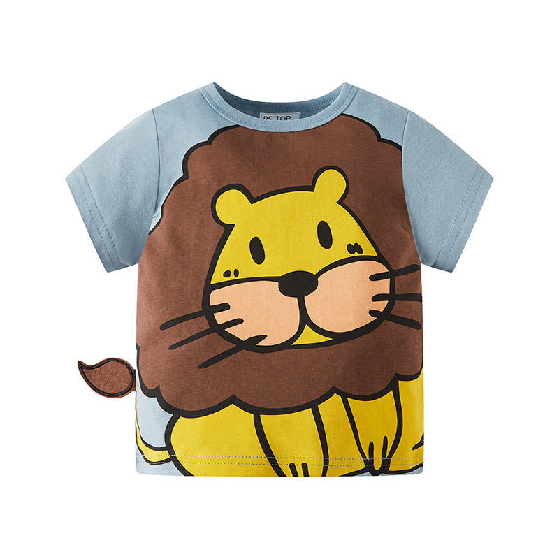 Kids Toddler Boys Casual Cute Cartoon Lion Print Short Sleeve Round Neck T-Shirt
