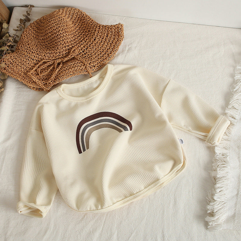 Kids Toddler Big Boys Girls Fashion Casual Cute Rainbow Waffle Long Sleeve Round Neck T-Shirt