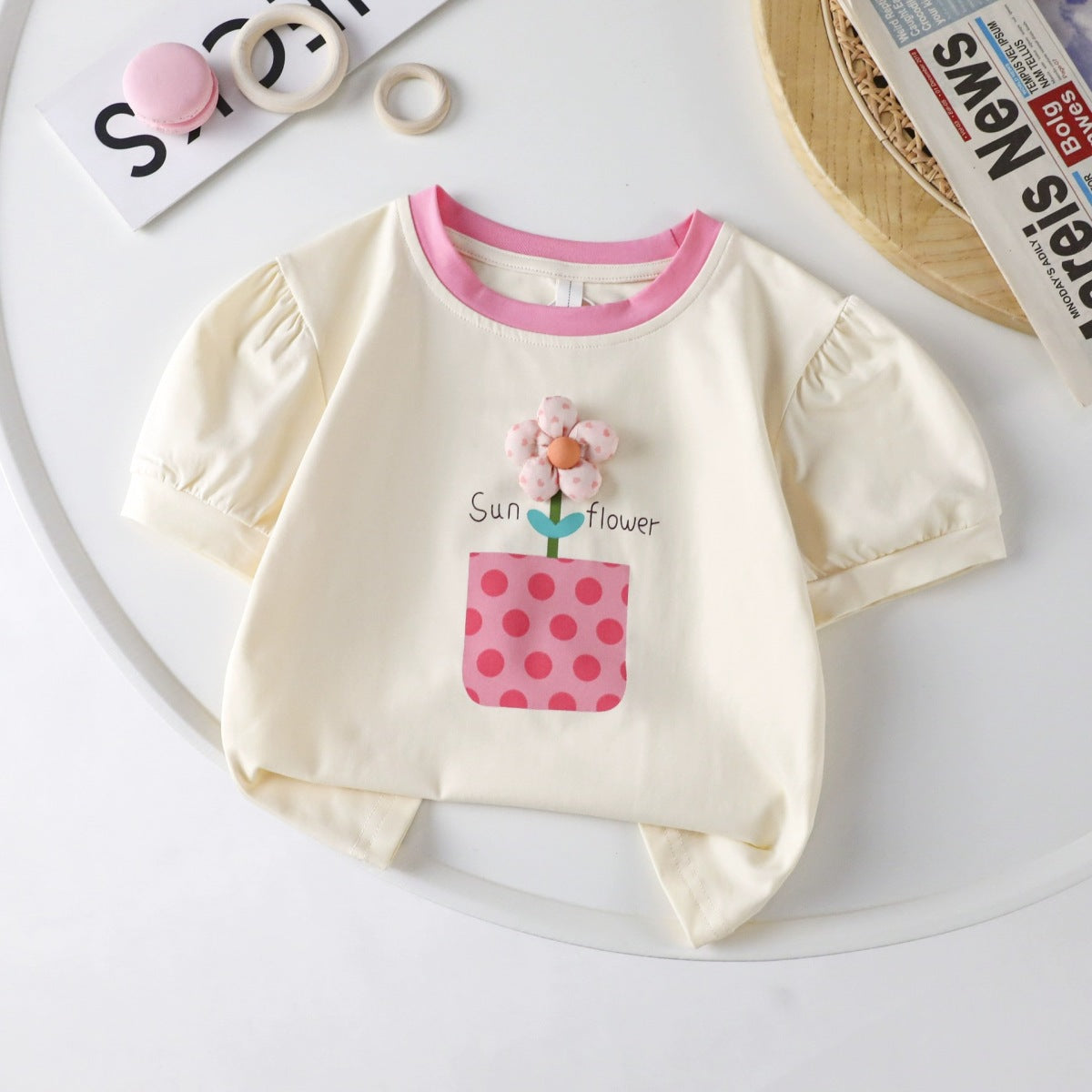Kids Toddler Girls Casual Cute Sweet Flower Puff Sleeve Round Neck T-Shirt